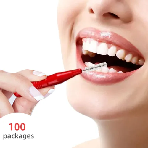 Vista 5 de GOUWEIBA Cepillo interdental desechable, 100 piezas, cepillo interdental desechable, cabezal de hilo dental para dientes (azul+rojo)