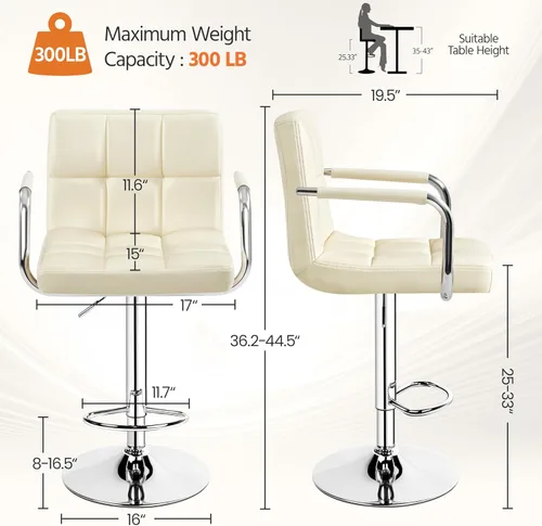 Vista 98 de Yaheetech - 4 taburetes de bar ajustables para mostrador de cocina, taburetes de bar/mostrador, silla de comedor giratoria hidráulica de piel Marrón