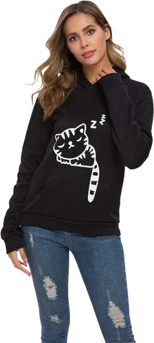 Vista 2 de Sudadera con capucha sin botones para mujer, diseño de gato con orejas de gato