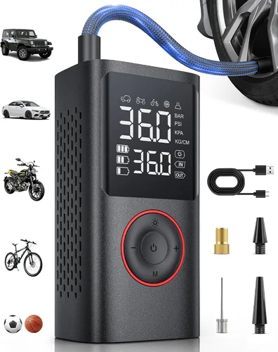 Powools Inflador de Neumáticos Compresor de Aire Portátil, Bomba de Bicicleta Inalámbrica de 150 PSI, Bomba de Aire para Auto, Motocicleta,