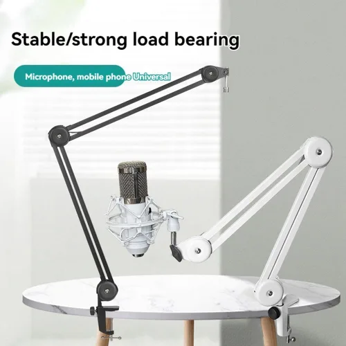 Vista 5 de Soporte de brazo de micrófono para grabación, podcasting, soporte de brazo de tijera de suspensión ajustable con filtro, montaje de choque blanco