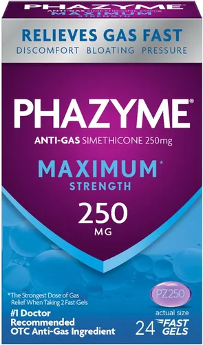 Vista 10 de Phazyme - Alivio máximo para los gases y la hinchazón, 250 mg de simeticona, 12 cápsulas blandas