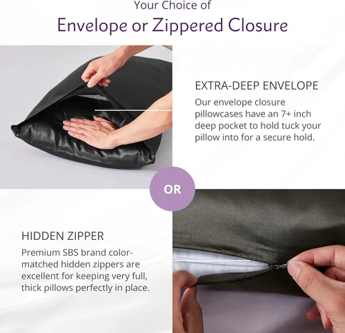 Vista 5 de Mulberry Park - Funda de almohada 100% seda, 22 mommes, seda de morera grado 6A, cierre de sobre profundo, color negro/estándar (20 x 26 pulgadas)