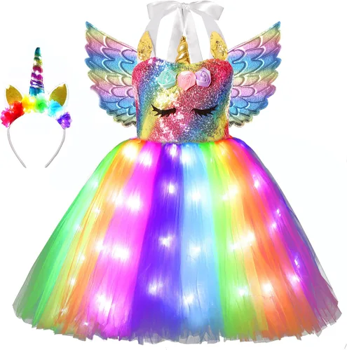 Soyoekbt Unicorn Costume for Girls Unicorn Tutu Dress LED Light Up With Headband for Halloween Birthday Gift
