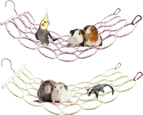 Paquete de 2 redes de cuerda para ratas colgantes, juguete de columpio para pájaros, puente de escalera para escalada de loros para accesorios de