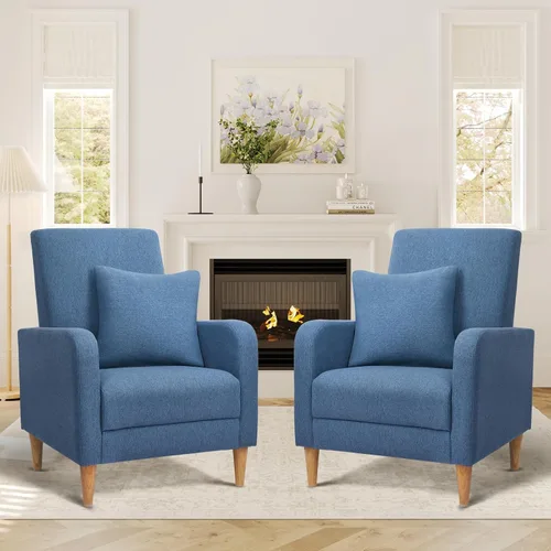 Vista 20 de COLAMY Mid-Century - Silla decorativa tapizada moderna con almohada trasera y patas de madera maciza, sillón acogedor de tela para sala de estar
