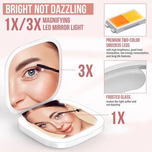 Vista 3 de MY BEAUTY LIGHT Espejo compacto brillante con luz, espejo de aumento recargable duradero 1X/3X con luz, espejo de maquillaje de viaje de 3000K-6000K