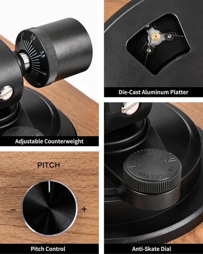 Vista 5 de Tocadiscos SeeYing para Discos de Vinilo con Salida Bluetooth, Interruptor Phono/Línea, Control de Pitch con Contrapeso Pre-Instalado y Cartucho