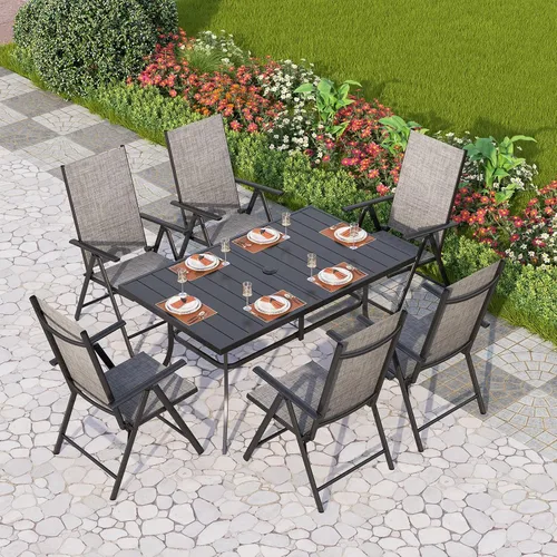 Vista 23 de PHI VILLA Juego de comedor de patio de 9 piezas, muebles de patio al aire libre con sillas plegables portátiles ajustables (azul) y mesa de comedor