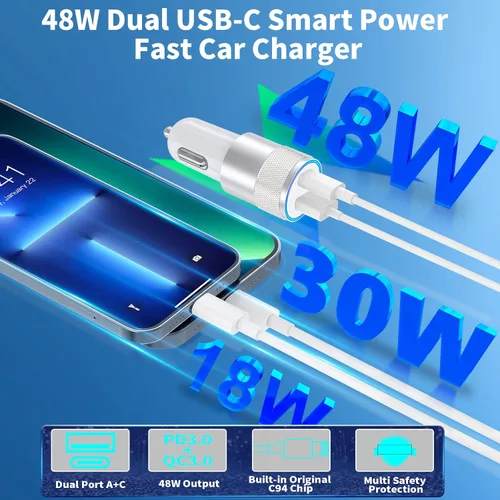 Vista 3 de Apple MFi Certified iPhone USB-C Fast Car Charger, GODMADES 48W Type-C Power Dual PDQC 3.0 Car Charger Adapter + 2 Pack Lightning Cable Quick Car