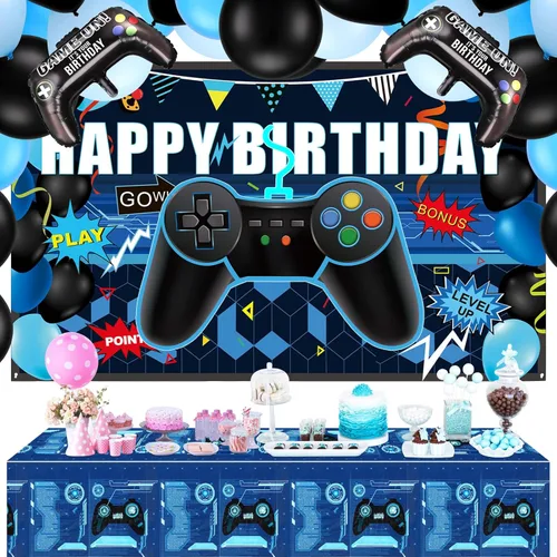 Vista 6 de Skylety 34 Pieces Gamer Birthday Decorations Video Game Party Supplies Set Including Happy Birthday Gamer Backdrop, Table Covers, Multi