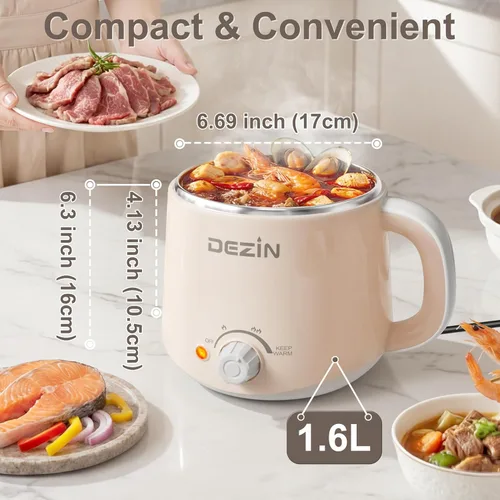 Vista 3 de Dezin - Olla caliente eléctrica, cocina rápida de fideos, mini olla de acero inoxidable perfecta para ramen, huevos, pasta, bolas de masa hervida