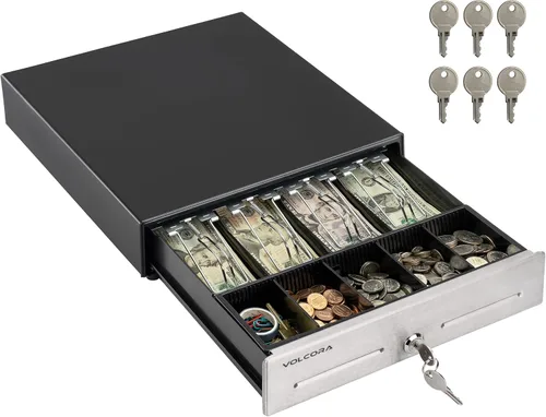 Volcora Cajón de caja registradora de 13" para sistema de punto de venta (POS), Bandeja de efectivo de 4 billetes y 5 monedas, Cajones delanteros de