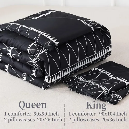 Vista 6 de Litanika Edredón bohemio negro King (104 x 90 pulgadas), 3 piezas (1 edredón bohemio y 2 fundas de almohada), juego de edredón geométrico, a rayas
