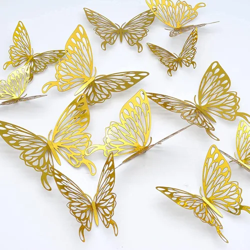 Vista 7 de CAYUDEN - Calcomanías de pared 3D con diseño de mariposa, 24 unidades, 3 tamaños, removibles, doradas, mariposas, decoración de fiestas, calcomanías