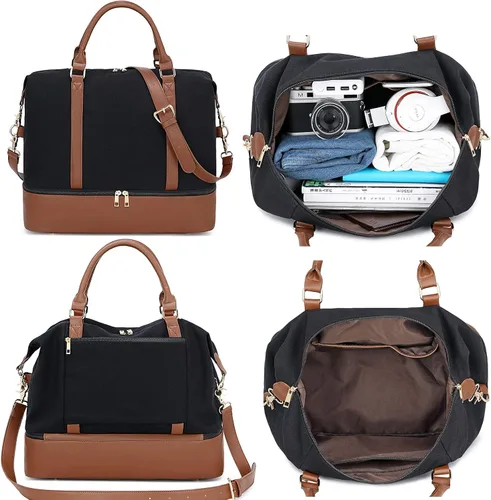Vista 5 de BLUBOON - Bolso de mano para mujer con compartimento para zapatos lona para viajes nocturnos asa de carro