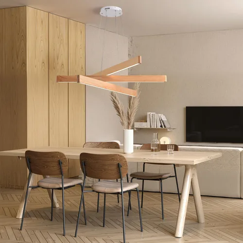 Vista 4 de Lámpara colgante lineal natural de madera maciza de 3 luces, moderna lámpara colgante LED regulable, candelabro para mesa de comedor, isla