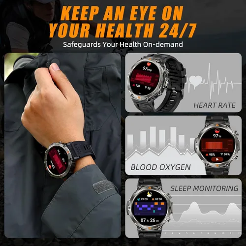 Vista 8 de Relojes inteligentes militares para hombres con GPS integrado con linterna LED y brújula, reloj inteligente táctico robusto resistente al agua 3ATM