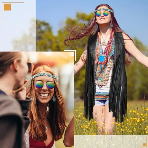 Vista 7 de 6 piezas de trajes de los años 60 y 70 para mujer, accesorios de disfraz hippie, chaleco con flecos, gafas de sol, collares, aretes, diadema