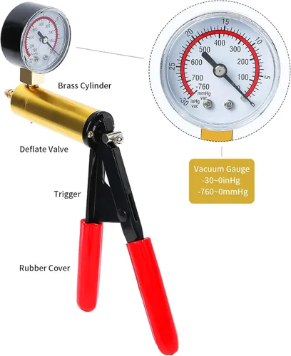 Vista 2 de Kit de purga de frenos 2 en 1 con bomba de vacío manual con adaptadores de manómetro, juego de purga de líquido de frenos automotriz con funda