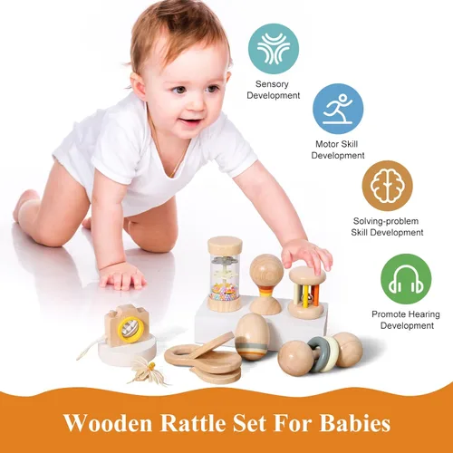 Vista 4 de WODI - Juguete de madera para bebé, 7 piezas, juguetes Montessori para bebés de 0-3-6-12 meses, juego de sonajeros de madera de mano para bebés