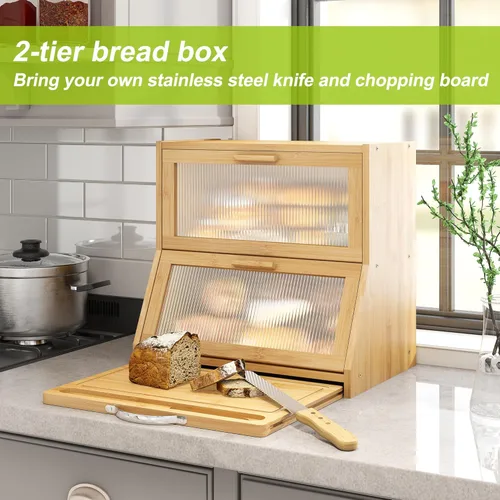 Vista 2 de BMOSU Panera grande de doble capa con tabla de cortar para almacenamiento y organización de pan de cocina, panera de encimera de granja con ventana