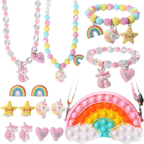 PinkSheep Regalos de unicornios para niñas 10 piezas de regalos de arco iris juego de joyas de unicornio para niños y niñas 9 piezas de aretes de