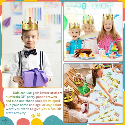 Vista 4 de Meanplan 50 coronas de papel doradas, coronas de cumpleaños, kit de manualidades para princesa príncipe con 28 hojas de gemas y letras de números