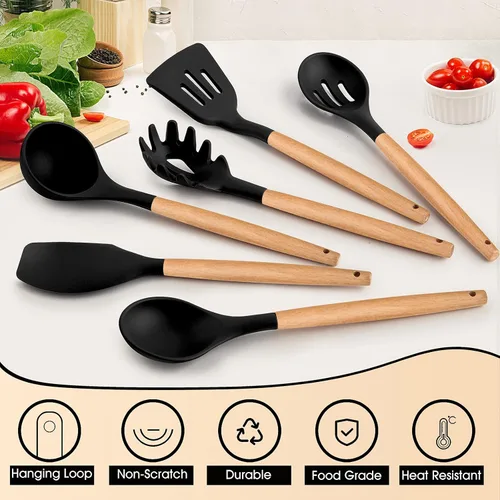 Vista 3 de E-far Juego de 6 utensilios de cocina de silicona con mango de madera, utensilios de cocina antiadherentes y resistentes al calor, incluye