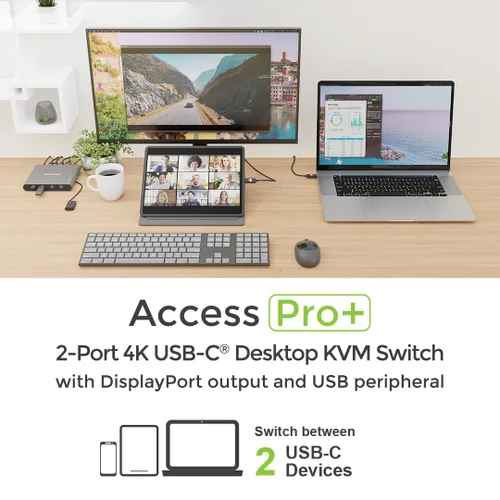 Vista 6 de IOGEAR Access Pro Plus - Conmutador KVM USB-C de 2 puertos, 1 monitor, 2 computadoras 4K 60Hz, salida DisplayPort, concentrador USB de 4 puertos