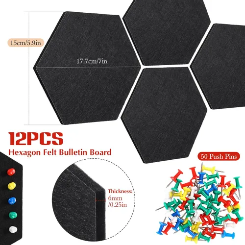 Vista 2 de Ctosree 12 tableros de anuncios de fieltro de 5.9 x 7 pulgadas, tableros de fieltro hexagonal, tira de corcho autoadhesiva con 50 pasadores