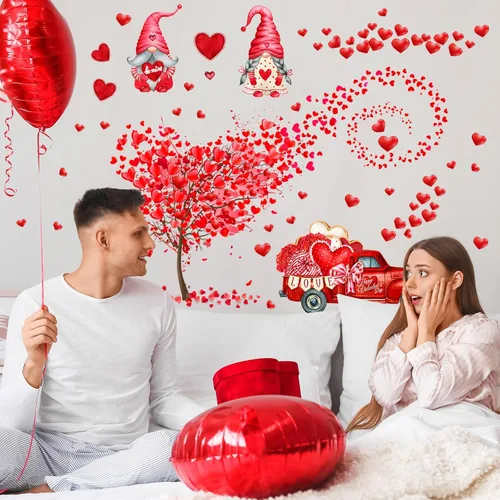 Vista 4 de Calcomanías de pared con diseño de gnomo rojo, para el día de San Valentín, árbol de corazón rosa, decoración del hogar, dormitorio, cuadros