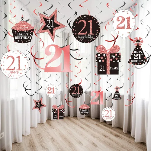 Vista 8 de Blulu 30 piezas de decoraciones de cumpleaños número 18 para niñas, remolinos colgantes de cumpleaños de oro rosa, decoraciones de techo, espirales