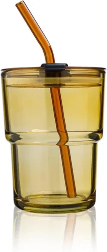 cosnou Vaso de vidrio de 13 OZ/400ML para café helado con pajita y tapa sellada para llevar, vaso de agua de vidrio de pared gruesa taza de té
