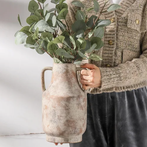 Vista 6 de Mitt&Ditt Florero de cerámica con asas, jarrón de 11 pulgadas de alto para centros de mesa, grandes jarrones decorativos de terracota, jarrones