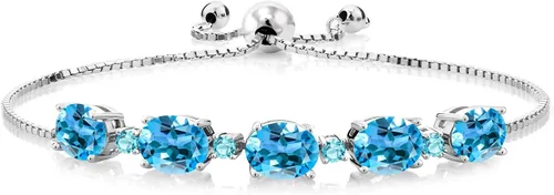 Gem Stone King Pulsera de tenis de plata de ley 925 con topacio azul suizo para mujer, 7.82 quilates, ovalada de 0.315 x 0.236 in y redonda de 0.098