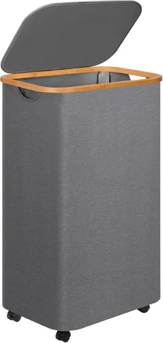 Vista 10 de Cesta de lavandería delgada, cesta estrecha con tapa, cesta de 60 litros para lavandería, cesta de tela sucia con mango de bambú para juguetes, Beige