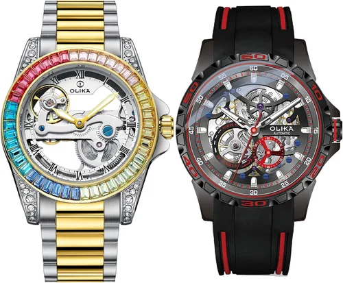 OLIKA Reloj japonés de esqueleto mecánico de cuerda automática de acero inoxidable luminoso 3ATM resistente al agua reloj para mujeres y hombres