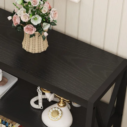 Vista 3 de FATORRI Mesa consola para entrada, mesa de sofá larga con estantes debajo de la ventana, mesas de pasillo de madera y metal para vestíbulo