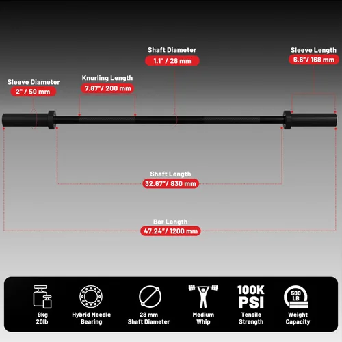 Vista 2 de PAPABABE Olympic Barbell, 4ft/5ft/6ft/6.5ft Straight Barbell for Strength Training and Technique Adjusting, 2 inch Womens Olympic Bar with Moderate