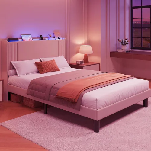 Vista 66 de Gizoon Base de cama matrimonial con cabecera de ala, plataforma tapizada con cabecera geométrica moderna, listones de madera, sin ruido, no necesita