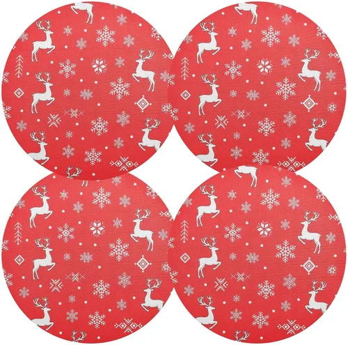 Vista 2 de White Reindeer Red Round Placemats, Non Slip Washable Placemats Dining Table for Kitchen Table one sizex1