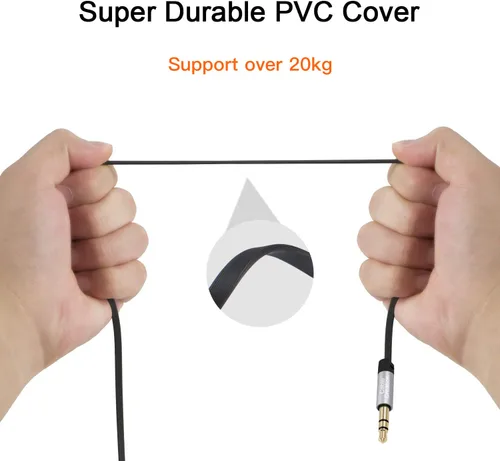 Vista 2 de CableCreation Cable auxiliar, 6 pies/5.9 ft plano de 0.138 in, cable estéreo auxiliar de 90 grados en ángulo recto compatible con automóvil, estéreo