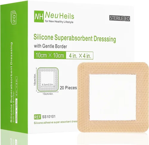 NeuHeils Apósito de Silicona Súper Absorbente para Heridas 4''x4'' 20 Paquetes, Vendaje Impermeable Autoadhesivo con Almohadilla Ultrasorb para