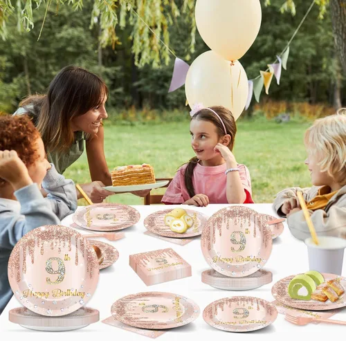 Vista 6 de 96 piezas de platos y servilletas de oro rosa para fiesta de cumpleaños número 9 para niñas, suministros de fiesta de oro rosa, juego de vajilla
