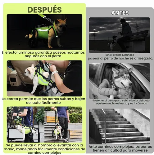 Vista 5 de Silla de ruedas ajustable para patas traseras, para perros de todas las razas, incluye chaleco de alta visibilidad, correa y elevación