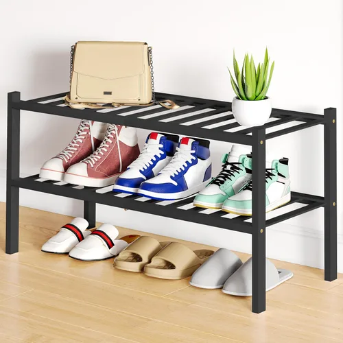 Vista 84 de Smiry Zapatero pequeño de bambú de 2 niveles, apilable, estante de almacenamiento de zapatos de madera para armario, entrada, entrada de puerta Negro