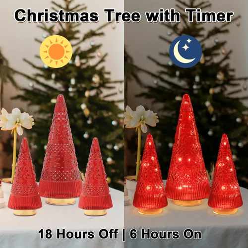 Vista 4 de PHITRIC Decoraciones de Navidad para Interiores, 3 Piezas de Centros de Mesa de Árbol de Navidad de Cristal Rojo Brillante con Luces LED