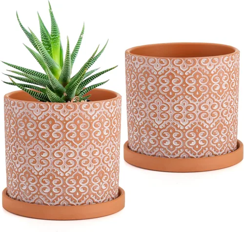 Paquete de 2 macetas de terracota para plantas, maceta suculenta de 5 pulgadas con orificio de drenaje y platillo, macetas de cerámica de arcilla