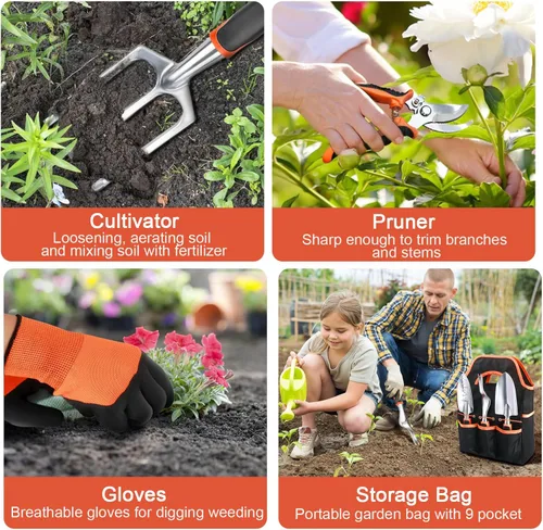 Vista 6 de Juego de herramientas de jardín, 8 piezas de herramientas de jardinería con mango ergonómico antideslizante, juego de herramientas de jardín Naranja